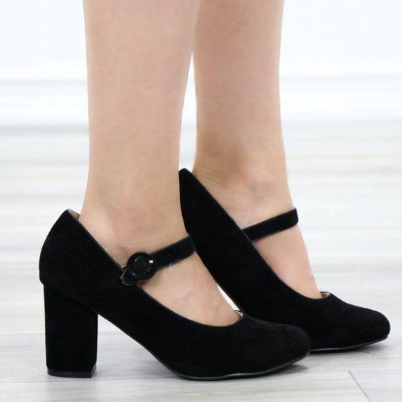 Black Velvet Low Heels Retro Style Mary Jane Pumps - Picture 12 of 13
